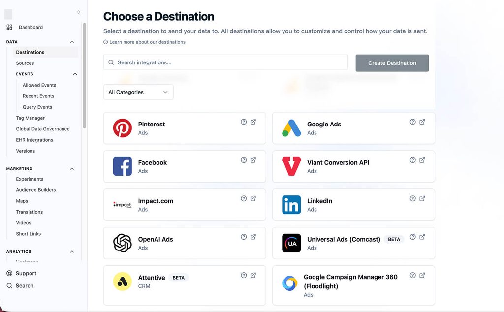 Ours Privacy destinations showing advertising and analytics integrations
