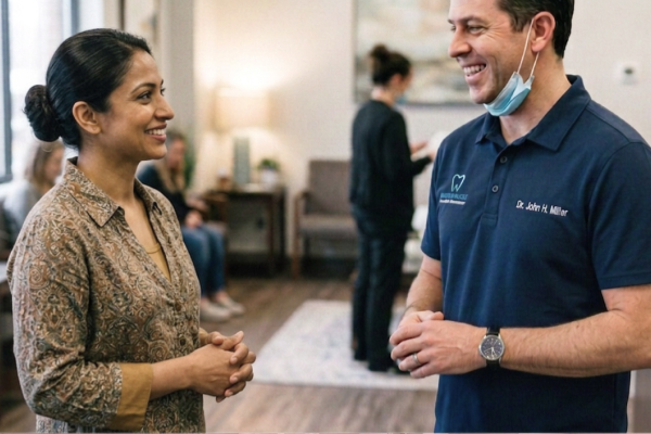Dentist speaking with a smiling female patient at a dental practice