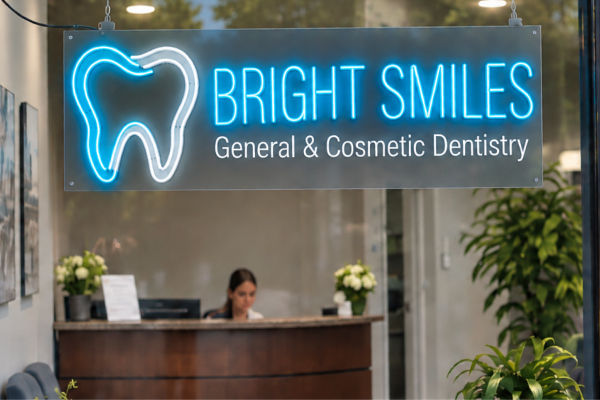 Bright Smiles dental clinic storefront featuring an illuminated sign promoting general and cosmetic dentistry