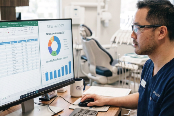 Dentist reviewing new patient acquisition data and monthly growth charts on a computer at a dental practice